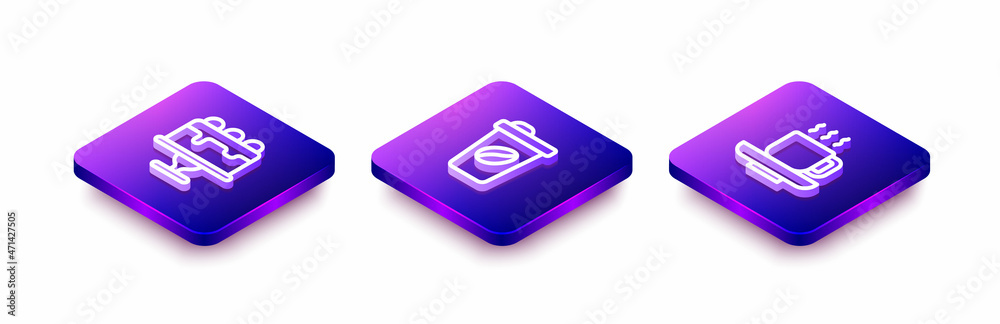 Set Isometric line Cake, Coffee cup to go and icon. Vector Set Isometric line Cake, Coffee cup to go and icon. Vector