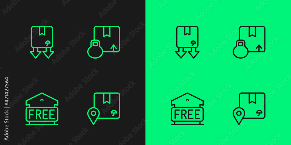 Set line Location with cardboard box, Free storage, Cardboard traffic symbol and Carton icon. Vector Set line Location with cardboard box, Free storage, Cardboard traffic symbol and Carton icon. Vector