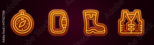 Set line Compass, Carabiner, Fishing boots and jacket. Glowing neon icon. Vector