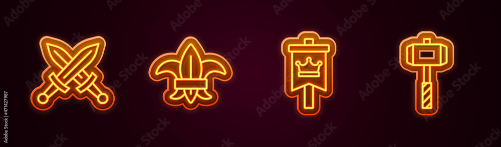 Set line Crossed medieval sword, Fleur de lys lily flower, Medieval flag and Battle hammer. Glowing neon icon. Vector Set line Crossed medieval sword, Fleur de lys lily flower, Medieval flag and Battle hammer. Glowing neon icon. Vector