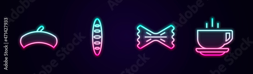 Set line French beret, baguette bread, Macaroni and Coffee cup. Glowing neon icon. Vector