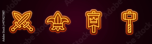 Set line Crossed medieval sword, Fleur de lys lily flower, Medieval flag and Battle hammer. Glowing neon icon. Vector