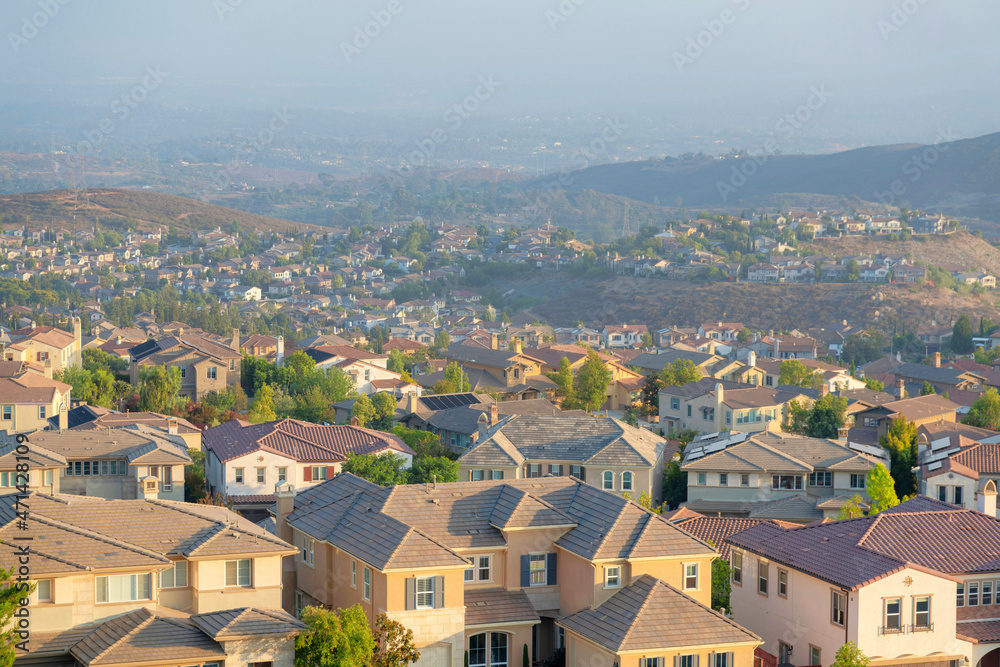 Houses in a high angle view at the Double Peak Park in San Marcos, California