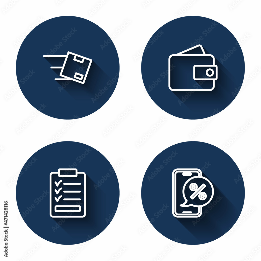 Set line Location with cardboard box, Wallet, Clipboard checklist and Percent discount phone with long shadow. Blue circle button. Vector Set line Location with cardboard box, Wallet, Clipboard checklist and Percent discount phone with long shadow. Blue circle button. Vector