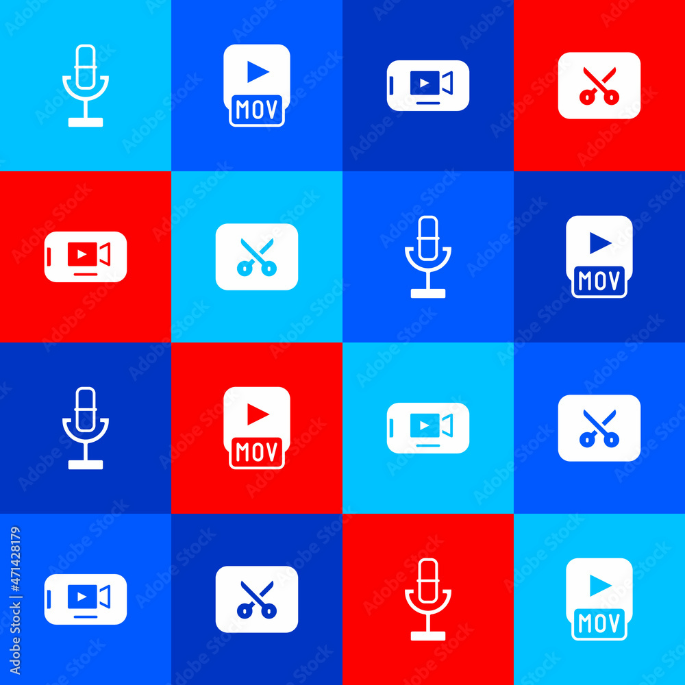 Set Microphone, MOV file, Online play video and Music or editing icon. Vector Set Microphone, MOV file, Online play video and Music or editing icon. Vector