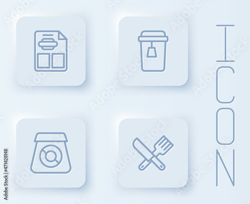 Set line Restaurant cafe menu, Cup of tea, Online ordering food and Crossed knife and fork. White square button. Vector