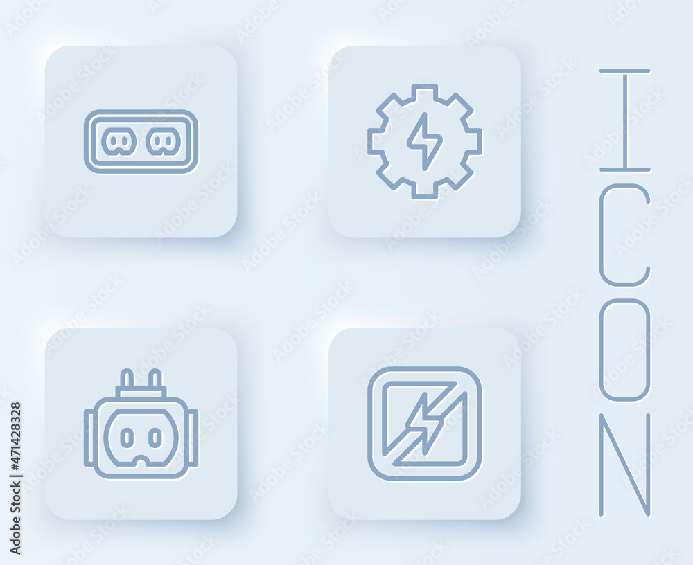 Set line Electrical outlet, Gear and lightning, Tee plug electric and No. White square button. Vector Set line Electrical outlet, Gear and lightning, Tee plug electric and No. White square button. Vector