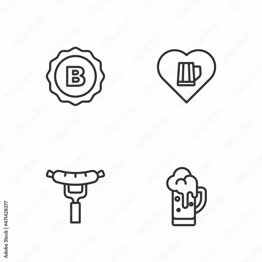 Set line Glass of beer, Sausage on the fork, Bottle cap and Heart with glass icon. Vector