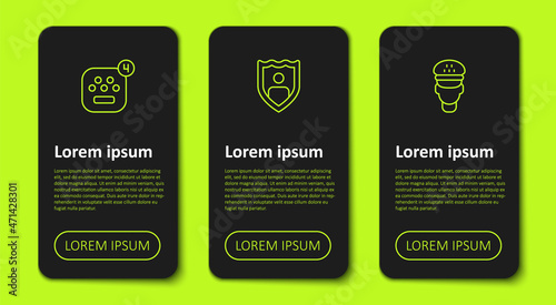 Set line Taxi mobile app, Life insurance with shield and driver. Business infographic template. Vector