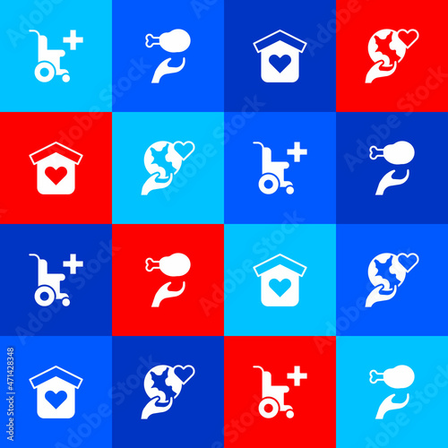 Set Wheelchair for disabled person, Donation food, Shelter homeless and Hand holding Earth globe icon. Vector