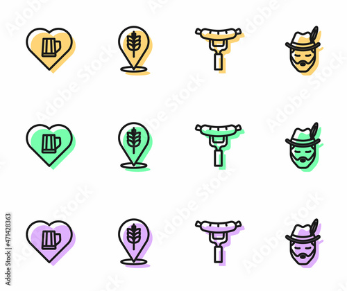Set line Sausage on the fork, Heart with glass of beer, Wheat and Oktoberfest man icon. Vector