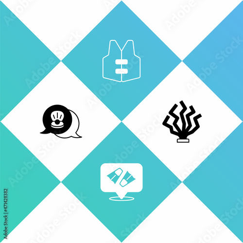Set Scallop sea shell, Flippers for swimming, Life jacket and Coral icon. Vector