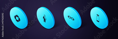 Set Isometric Aqualung, Glasses for swimming, Wetsuit scuba diving and Lifebuoy icon. Vector