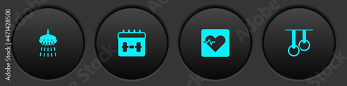 Set Shower, Calendar fitness, Heart rate and Gymnastic rings icon. Vector