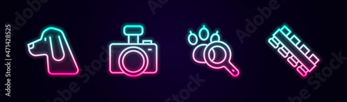 Set line Hunting dog, Photo camera, Paw search and cartridge belt. Glowing neon icon. Vector