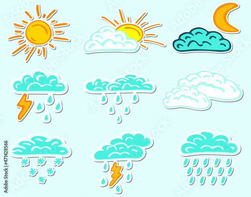 Weather icon stickers. Vector illustration in doodle style.