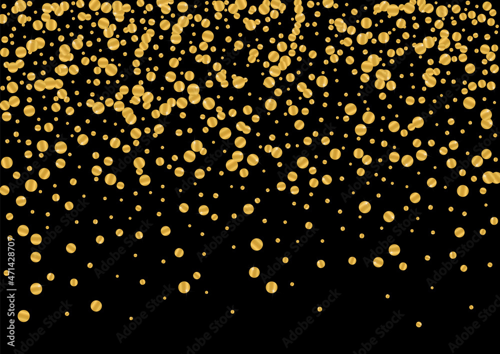 Golden Space Foil Design. Happy Circle Pattern. Yellow Confetti Christmas Frame. Random Glitter Illustration. Gradient Celebration Particles.