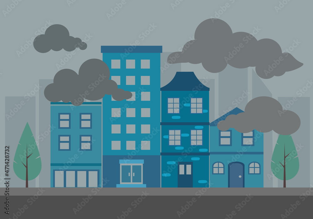 Air pollution city landscape in flat design. Harmful pollutant in environment concept vector illustration.