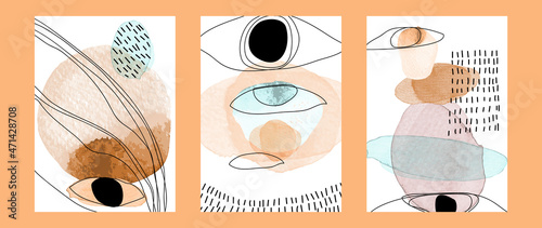 Abstract art wall arts vector collection. Arts design with eyes and hand painted lines, watercolour concept. watercolor stain texture for home deco, wall art print and cover.