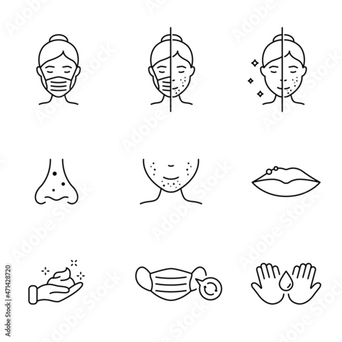 Woman with Protection Mask and Skin Problems. Prevention Skin Face Trouble. Maskne Concept. Pimple, Blackhead and Acne Outline Icon. Editable Stroke. Isolated Vector Illustration