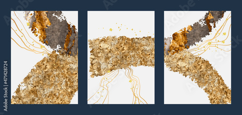 Luxury gold wallpaper.  Black and golden background. Grunge wall art design with golden line art and abstract shape. Modern art mural wallpaper. Vector illustration.