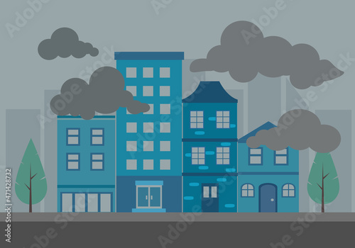 Air pollution city landscape in flat design. Harmful pollutant in environment concept vector illustration.