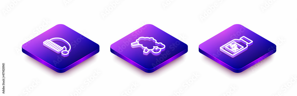 Set Isometric line Sleeping hat, Sheep and pill icon. Vector Set Isometric line Sleeping hat, Sheep and pill icon. Vector
