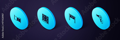 Set Isometric Hair dryer, Furniture nightstand, Gas stove and Bed icon. Vector