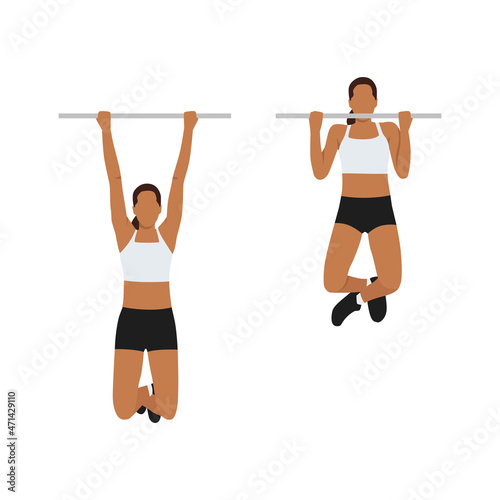 Woman doing Chin up exercise. Flat vector illustration isolated on white background. workout character set