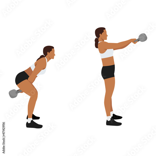 Woman doing Russian kettlebell swing exercise. Flat vector illustration isolated on white background. workout character set