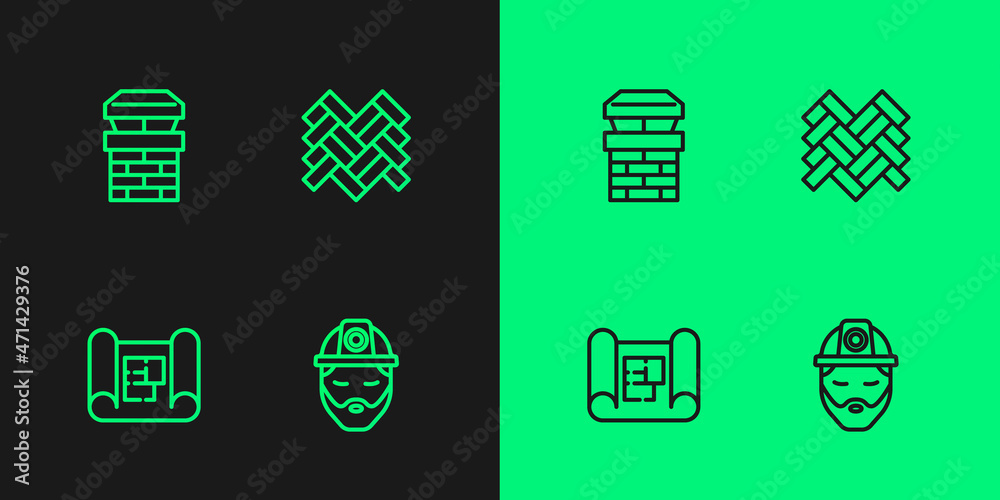 Set line Builder, House plan, Chimney and Parquet icon. Vector Set line Builder, House plan, Chimney and Parquet icon. Vector
