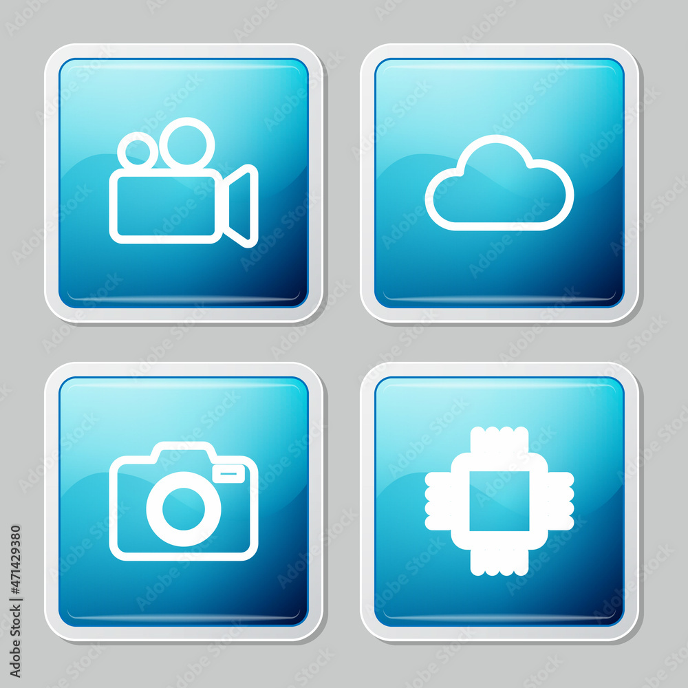 Set line Movie or Video camera, Cloud, Photo and Processor with CPU icon. Vector Set line Movie or Video camera, Cloud, Photo and Processor with CPU icon. Vector
