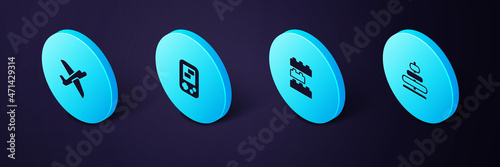 Set Isometric Pyramid toy, Toy building block bricks, Tetris electronic game and plane icon. Vector