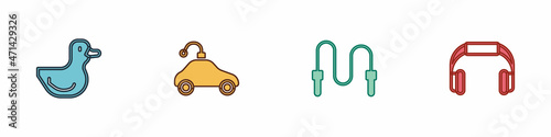 Set Rubber duck, Radio controlled car toy, Jump rope and Headphones icon. Vector