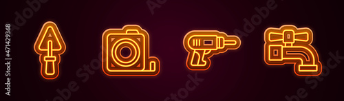 Set line Trowel, Roulette construction, Electric drill machine and Water tap. Glowing neon icon. Vector