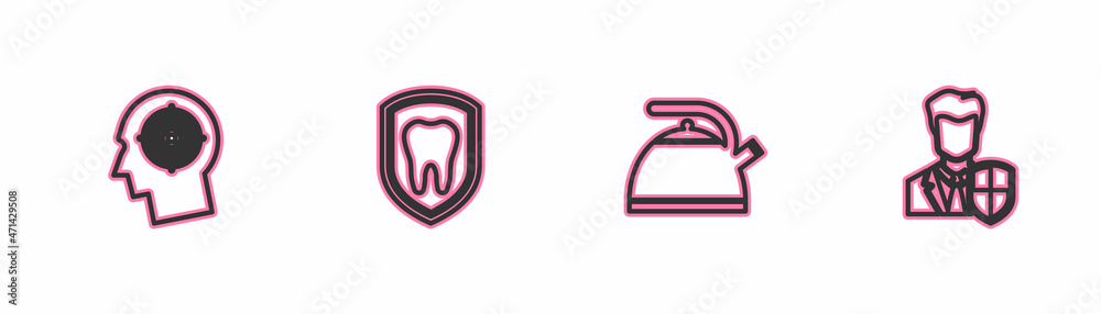 Set line Head hunting concept, Kettle with handle, Dental protection and User icon. Vector Set line Head hunting concept, Kettle with handle, Dental protection and User icon. Vector