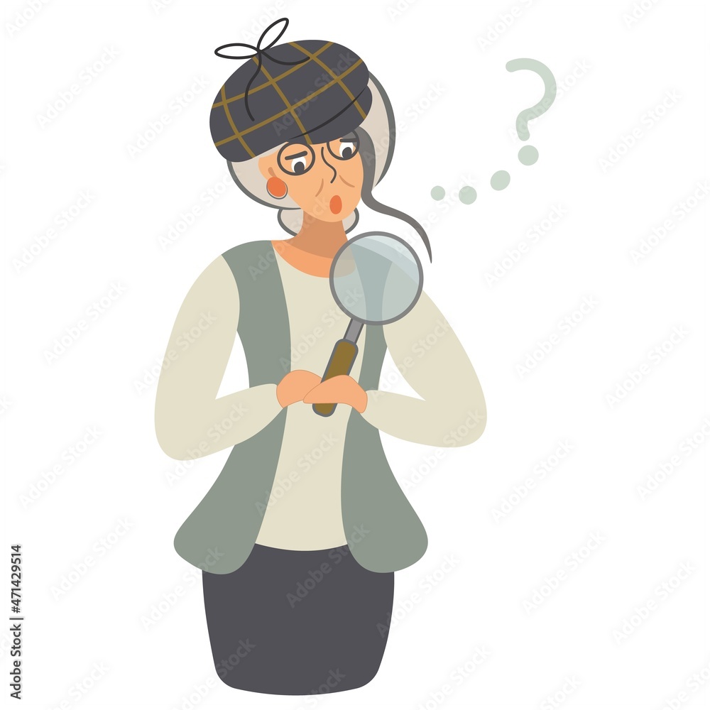 The intelligent lady detective is shocked. Madame in search. Surprised woman wearing a Sherlock Holmes cap looks through a magnifying glass. Isolated vector illustrations. Vintage flat style. The intelligent lady detective is shocked. Madame in search. Surprised woman wearing a Sherlock Holmes cap looks through a magnifying glass. Isolated vector illustrations. Vintage flat style.