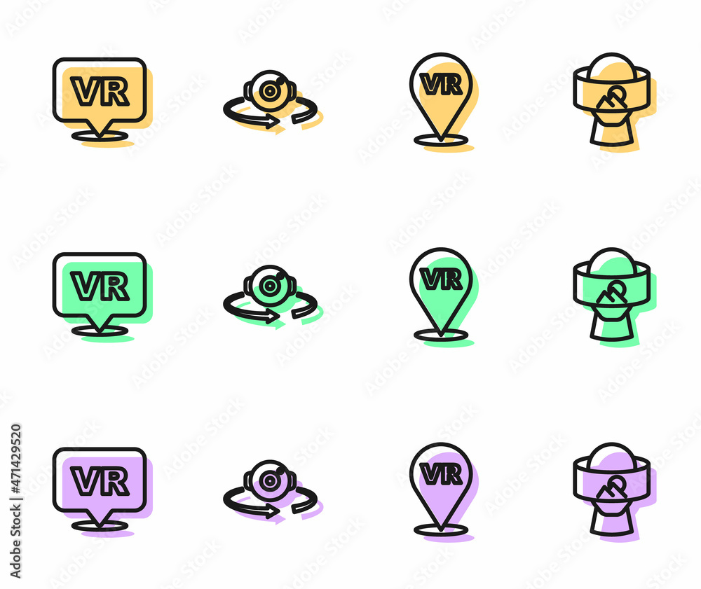 Set line Virtual reality, 360 degree view and glasses icon. Vector