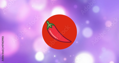 Image of red chili pepper in red circle over moving bokeh lights on purple background