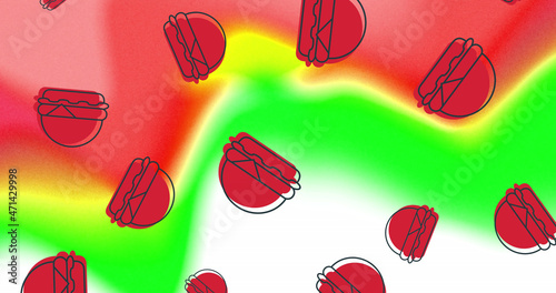 Image of red hamburgers falling on abstract red, white and green background