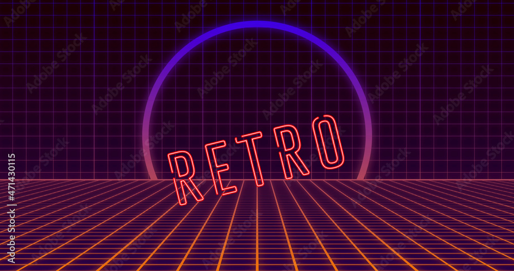 Naklejka premium Image of moving retro text in neon letters over neon circle and grid