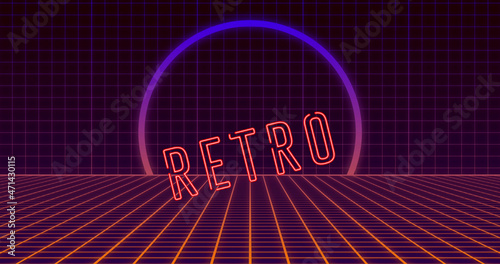 Image of moving retro text in neon letters over neon circle and grid photo