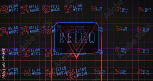 Image of moving retro text in neon letters over neon frame and grid photo