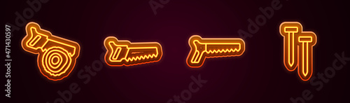 Set line Hand saw and log, and Metallic nails. Glowing neon icon. Vector