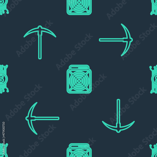 Set line ASIC Miner, Pickaxe and Cryptocurrency bitcoin circuit on seamless pattern. Vector
