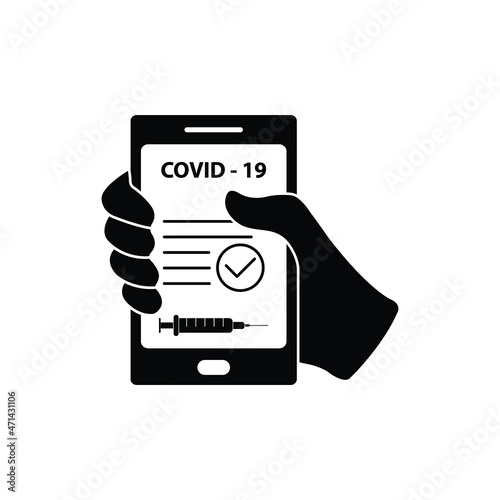 holding smartphone with  corona virus vaccination passport.   vaccin certificate covid 19 icon vector 