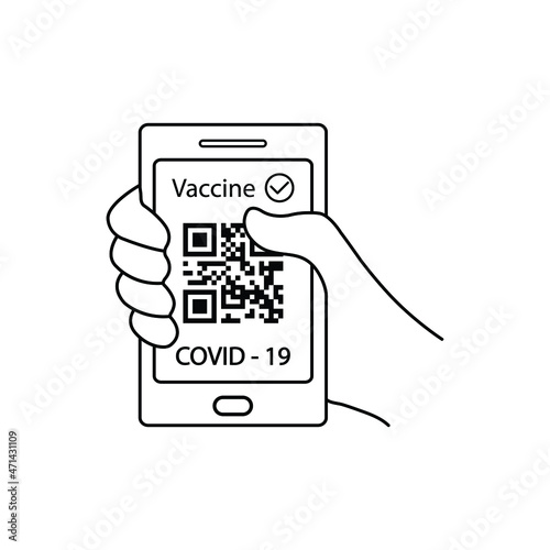 holding smartphone with  corona virus vaccination passport.   vaccin certificate covid 19 icon vector 