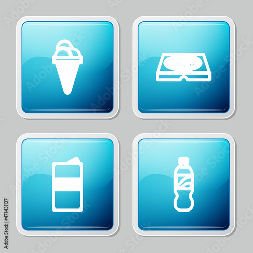 Set line Ice cream in waffle cone, Pizza cardboard box, Beer can and Bottle of water icon. Vector