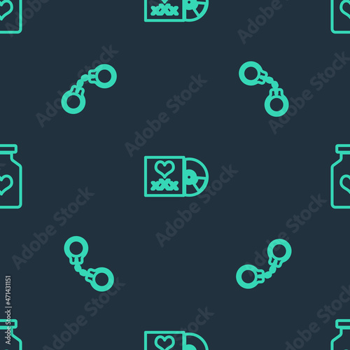 Set line Disc with inscription Sex, Handcuffs and Bottle pills for potency on seamless pattern. Vector