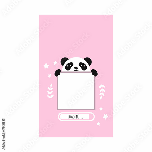 Screensaver on smartphone screen with cute panda. Pink postcard for girl. Place for text or QR code.